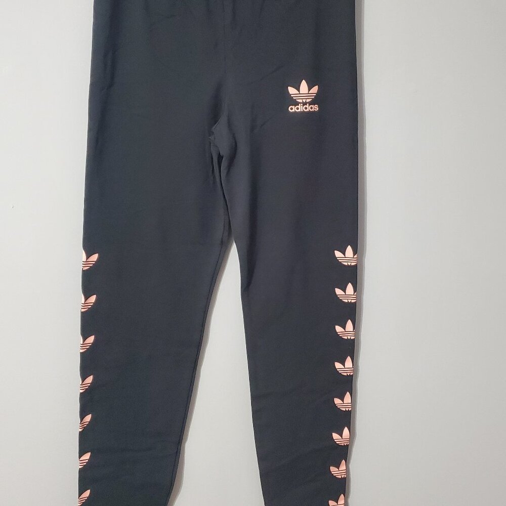 Adidas Girl Tights Black with Pink Trefoil symbols Size Medium